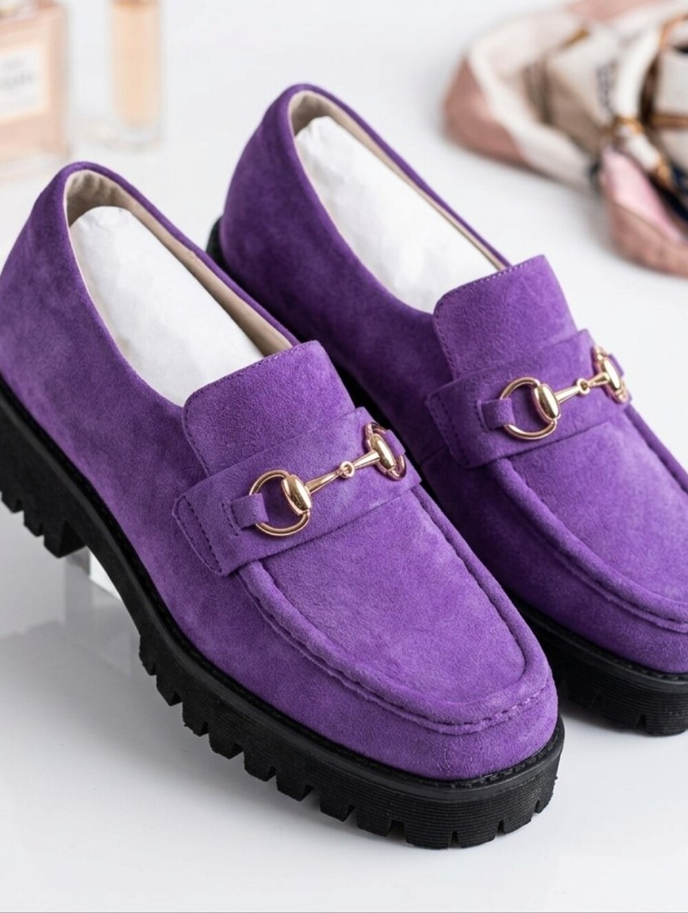 INTENTIONALLY BLANK Purple Suede Lug Sole Horsebit Loafers NWOB Size 8